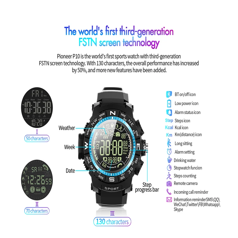 Ioutdoor P10 спортивные Смарт-часы IP68 50 м Водонепроницаемый мониторинга погоды до 33 месяца время шагомер для устройств на базе Android и IOS