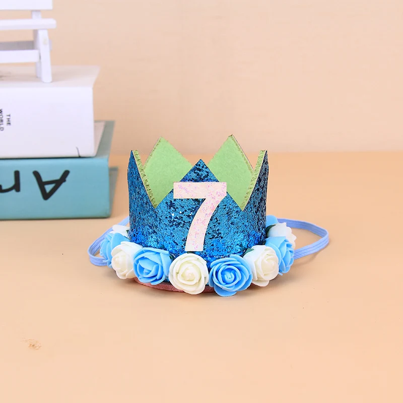 Blue 7 age Baby Girl Boy One 1 2 3 4 5 6 7 8 9 years old hat crown headbands decoration For children birthday party decorations - Цвет: Blue 7 age
