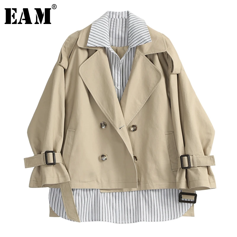 Finest  [EAM] Loose Fit Striped Waistbelt Two False Piece Suit Jacket New Lapel Long Sleeve Women Coat Fash