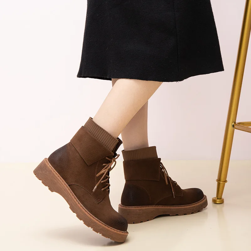 

Rock Shoes Woman Autumn Boots Booties Ladies Low Heels booties Winter Women Round Toe Clogs Platform Lace Up Luxury Designer