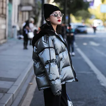 

SONDR New Winter Women's Cotton-padded Jacket Short Hooded Solid Color Silver Gray Shiny Warm Loose Parka Coat