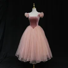 Ensolarado nupcial 2022 rosa tule a linha mangas curtas sopro vestidos de baile de formatura brithday chá comprimento vestidos de baile midi formal vestido