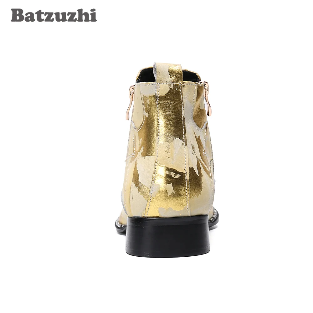 Batzuzhi Luxury Handmade Men Boots Pointed Iron Toe Men's Leather Ankle Boots Gold Rock Party and Wedding Footwear botas hombre