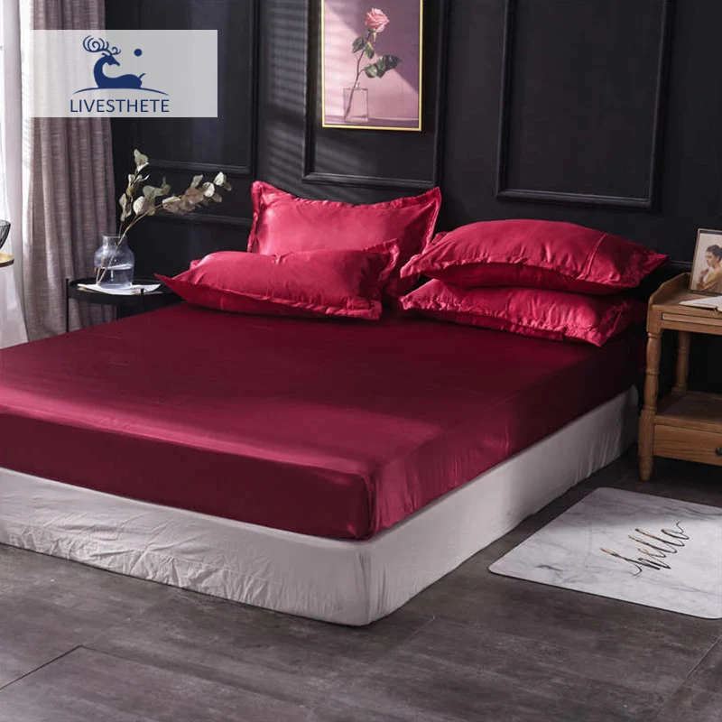 

Liv-Esthete 1PCS Fitted Sheet Wine Red 100% Silk Luxury Mattress Cover Bed Sheet Elastic Band Solid Color Adult Rubber Sheet