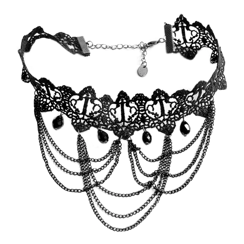 Wedding Party Beads Rhinestone Tassels Chain Pendant Gothic Necklace for Women Vintage Punk Black Lace Choker 