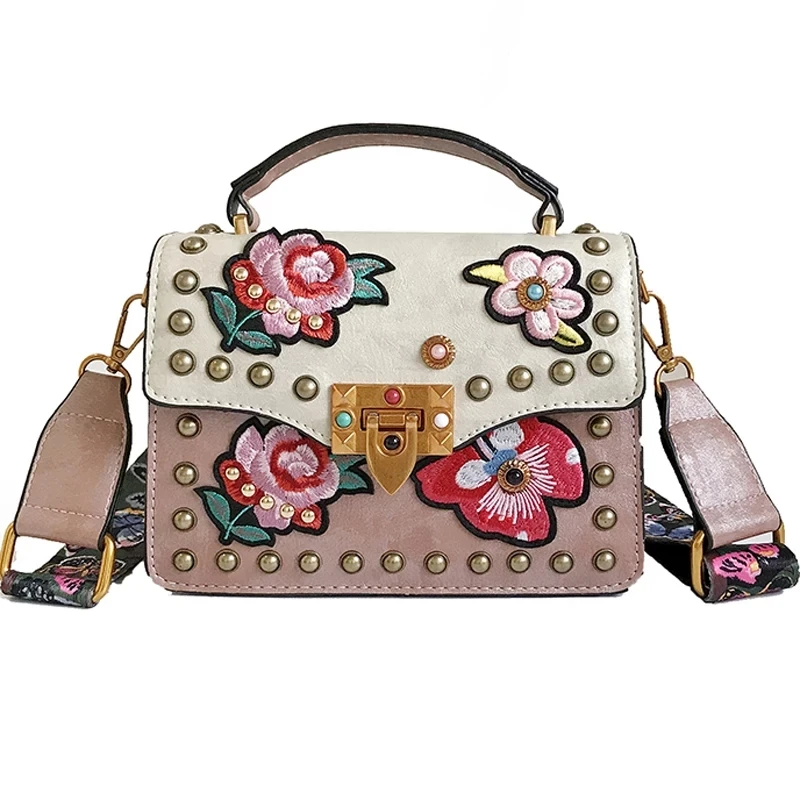 

Brand Women Handbag girl luxury Rose embroidery lady clutch bag high quality leather retro rivet Womens shoulder Messenger Bags