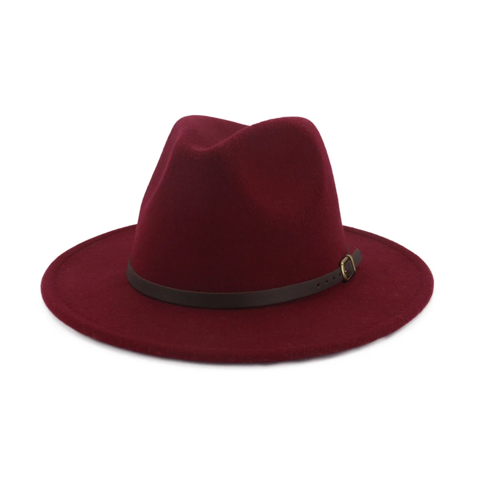Для мужчин Для женщин шерстяная шляпа Fedora с поясом поп женская шляпа Панама джазовая, шляпа Размеры окружности головы 56-58 см - Цвет: Wine Red