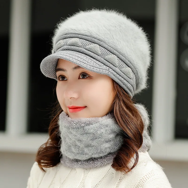 grey 2pc windproof lady hat winter plush velvet thick scarf cap mother warm beanies outdoor faux rabbit fur hat and collar scarf two set - Цвет: grey 2pc