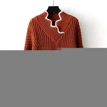 

Autumn Winter Warm Crop Top Knitwear V-Neck Pullover Women Wavy Loose Knit Long Sleeve Sweater
