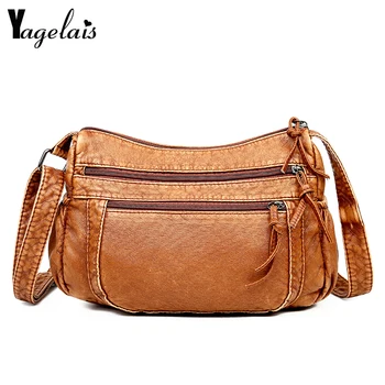 

New Fashion Women Crossbody Bag Black Soft Washed Leather Shoulder Bag Patchwork Messenger bags for women