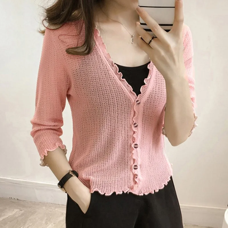 Casual Top Women Blouse V Neck Cropped Sleeve Thin Short Openwork Soft Knitted Sunscreen Shirt Coat Female Tops Cozy Blouses 1
