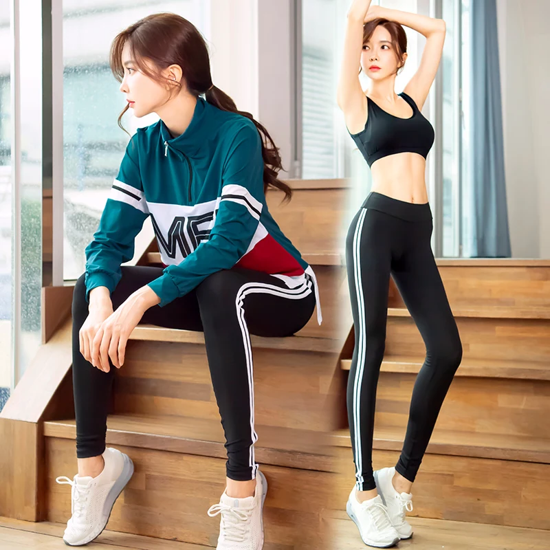 

3 IN 1 Sportswear Female Gym Workout Yoga Suit Women Fitness Clothes Stretch Sport Long Sleeve Coat + Black Bra + Sports Pants