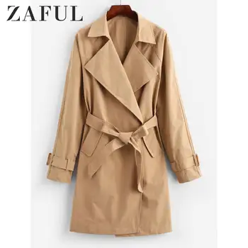 

ZAFUL Pockets Solid Belted Trench Coat Women Turn Down Collar Femme Autumn High Waisted Long Elegant Trench Outerwear
