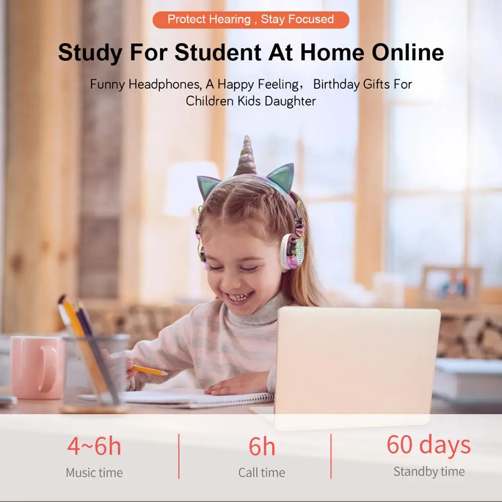 Girl Kid Unicorn Wireless Headphone With For PC TV Laptop Bluetooth Transmit Cute Phone Music Helmet For online lessons and Live