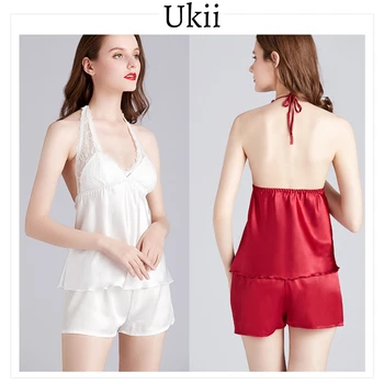 

Ukii Sexy Halter Pajamas Women 2020 Satin Silk Backless Lace Up For Women Pajama 2pcs Set Lounge Wear Sleepwear Femal Homewear