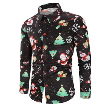 

Men Shirt Fashion 2019 Christmas Style Printed Long Sleeve Casual Fit Silm Shirt Men Polyester Single Breasted Camisa Masculin