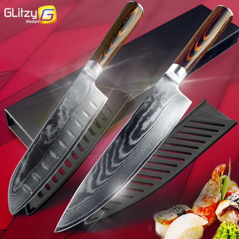 Кухонные ножи Damascus 8 дюймов японские шеф повара VG10 Core 67 Layer Steel Santoku мясо овощи
