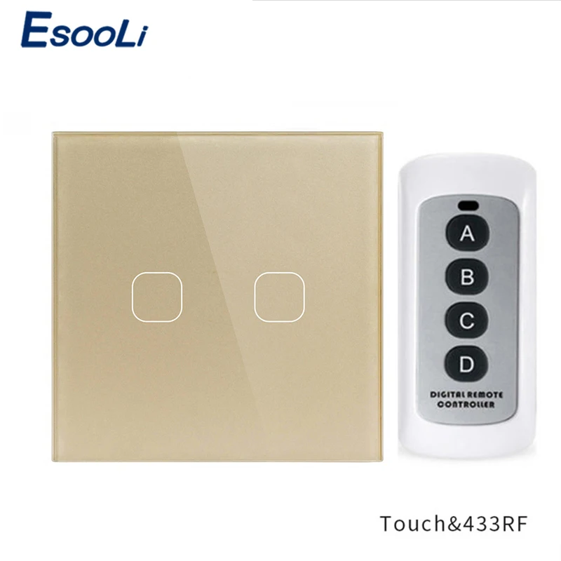 2 Gang Gold Remote Esooli ЕС стандарт 1 банда 2 банды 1 способ дистанционное управление переключатель Роскошный Кристалл Стекло нормальный сенсорный переключатель держатель - Цвет: 2 Gang Gold Remote