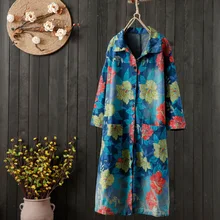 Национальный стиль, Ретро стиль, цветочный принт, средняя длина, свободный крой, длинный рукав, Тренч, женский, большой размер, утягивающий, художественный, джинсовый кардиган