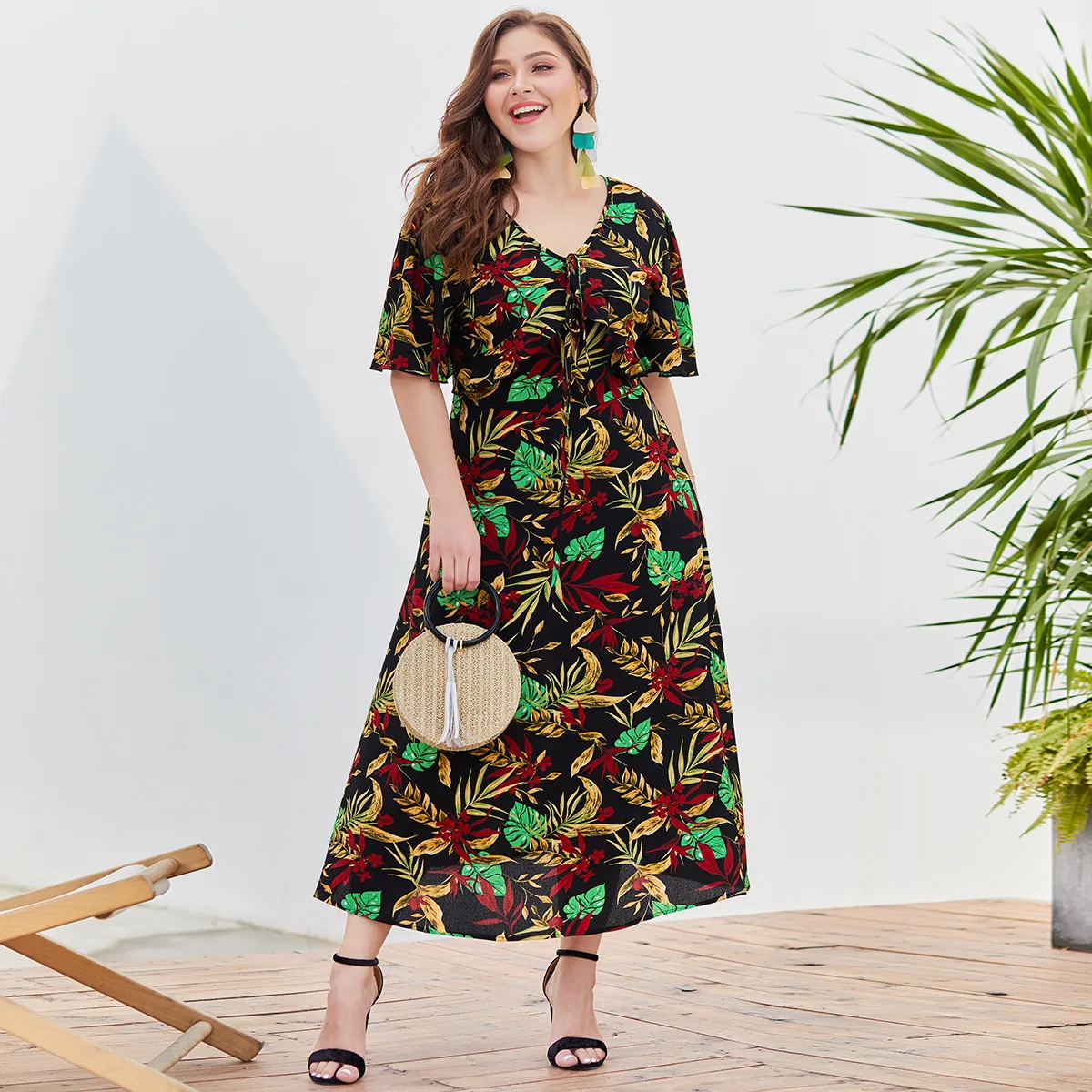 

2019 European And American Brief Pregnant Long V-neck Women Short-sleeved Ptinting Split High-waist Slits And Large Dresses