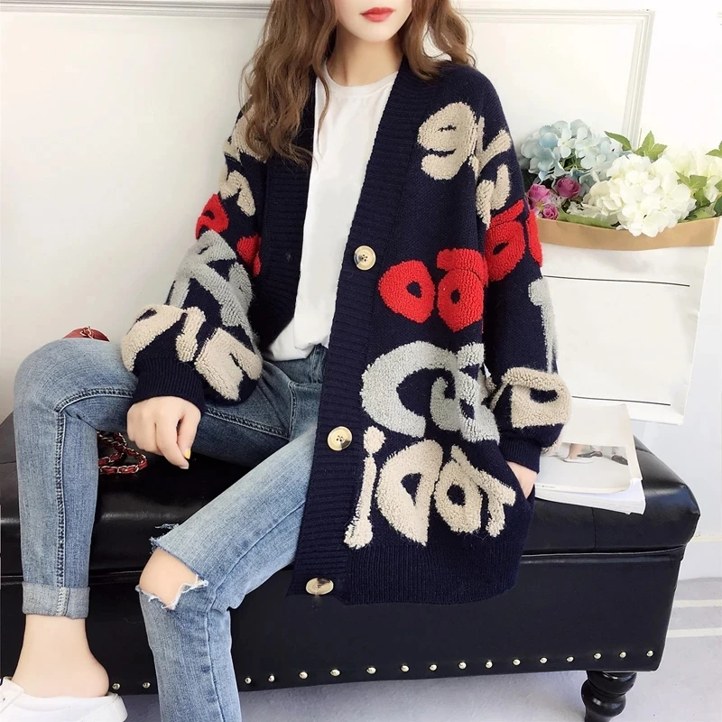 cardigan sweater Letter Pattern Knitted Sweater Women Winter New Korean Oversized Long Sleeve Single Breasted Thick Fashion Loose Cardigan 2021 pullover sweater