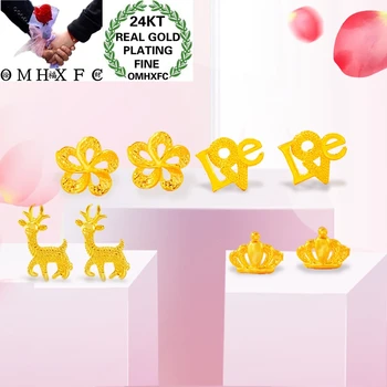 

OMHXFC Wholesale ER188 European Fashion Fine Woman Girl Party Birthday Wedding Gift Flower Crown Deer 24KT Gold Stud Earrings