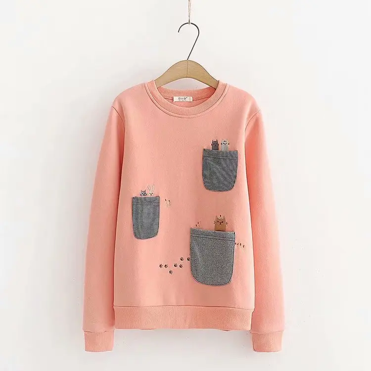 Orange VEVEFHUANG женские толстовки Harajuku с мультяшным карманом и котом, толстовки осень-зима, новые бархатные пуловеры с длинным рукавом и круглым вырезом - Цвет: Orange