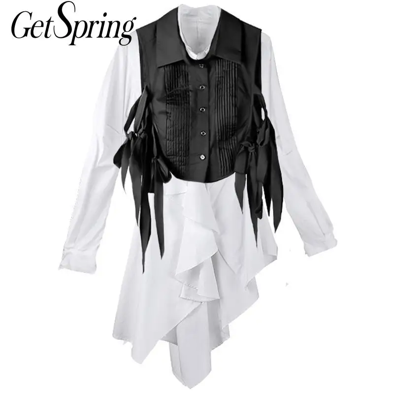 Женская Асимметричная блузка GetSpring хлопковая белая свободная длинная рубашка в