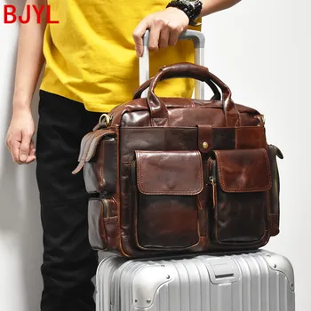 

Vintage Leather Men's Handbags Large Capacity Leather Briefcase Shoulder Diagonal Bag 15.6-inch Laptop Bag Men Travel Bags Soft