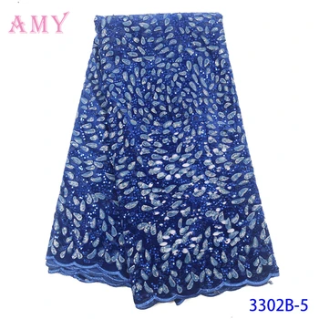 

Blue African Lace Fabric Embroidered Nigerian Sequins Lace Fabric High Quality French Tulle Lace Fabric For Women AMY3302B