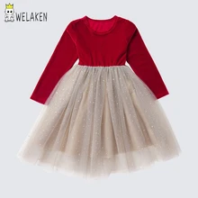 WeLaken/новое осеннее платье принцессы из сетчатой ткани с блестками; красное платье для маленьких девочек; платья для маленьких девочек; Одежда для маленьких девочек; костюм для девочек