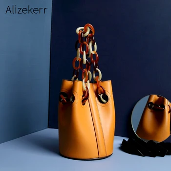 

Genuine Cow Leather Bucket Bag Women 2019 New Solid Acrylic Resin Chain Open Cowhide Handbags Laides Simple Casual Shoulder Bag