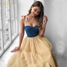 Simple Prom Dresses Sweetheart Spaghetti Straps Denim Tulle Evening Gown Tea Length Evening Dresses Plus Size Casual Vestidos
