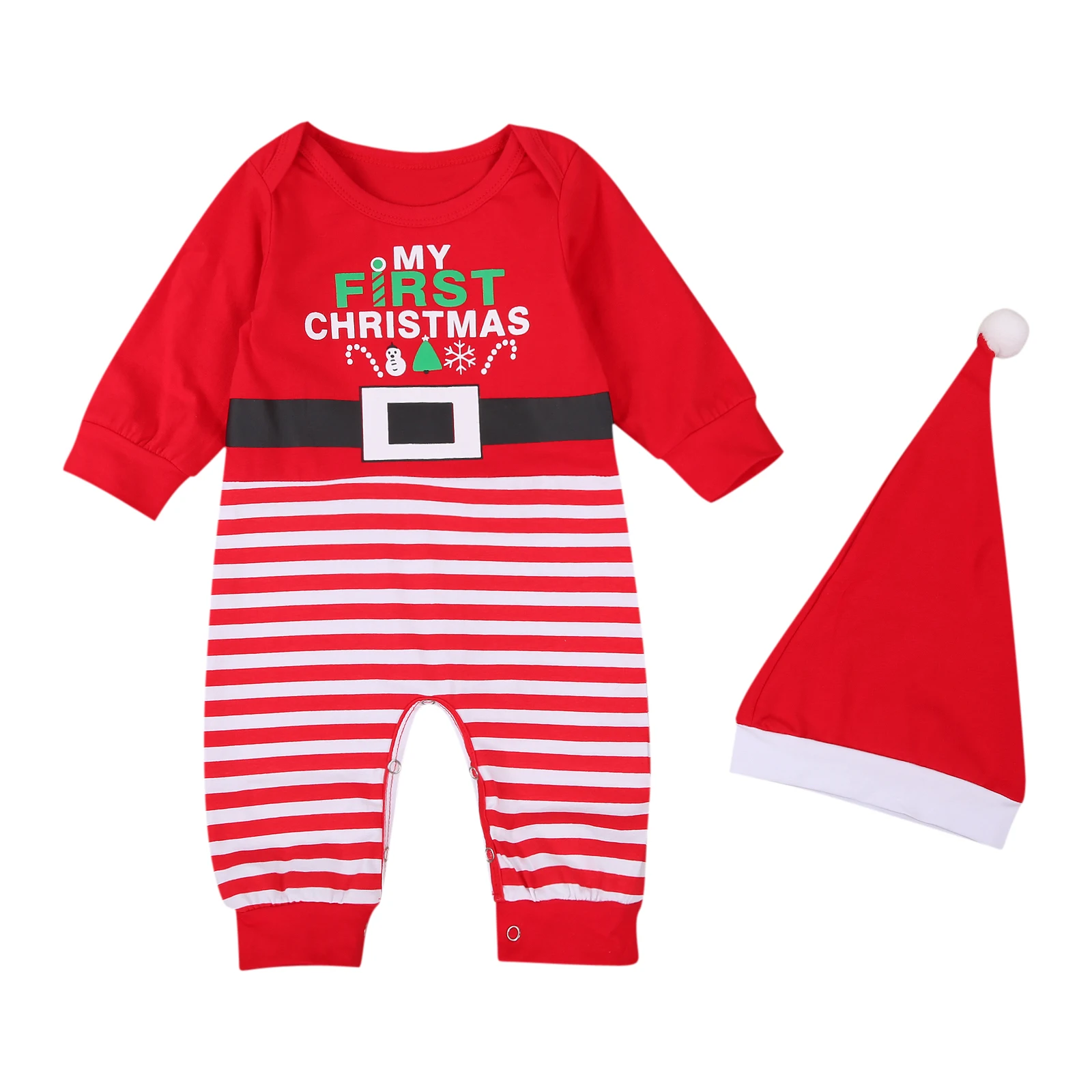 

Infant Long Sleeve Romper+Hat My First Christmas Cute Fur Ball Decoration Horizontal Stripes Design Festive Clothing