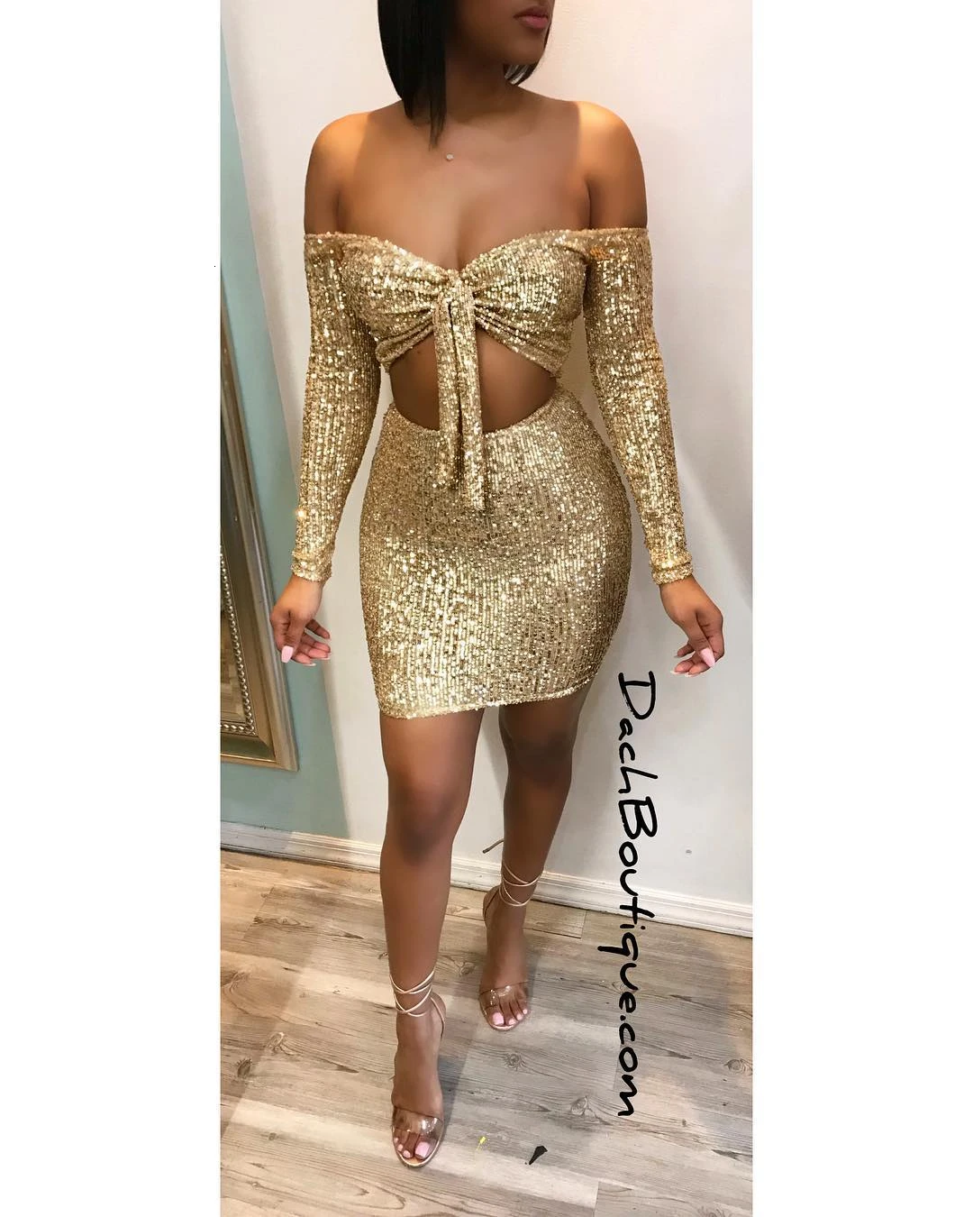 Dressmecb Summer Sexy Two Pieces Set Women Full Sleeve Sequined Backless Set Dress Club Party 2 Piece Set Vestido De Festa - Цвет: Золотой