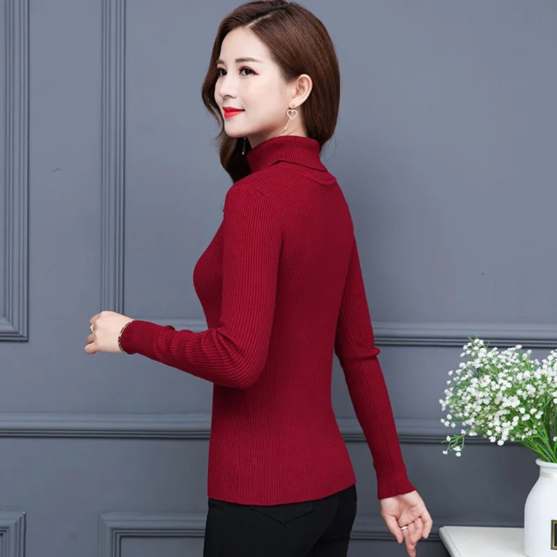 Wholesale Autumn Fall Women Sweater Slim Soft Long Sleeve High Neck Knit Pullover Sexy Slim Stretch Turtleneck Black Sweaters