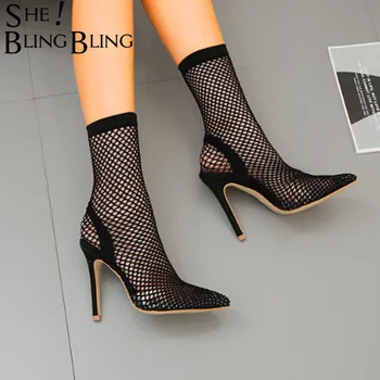 

SheBlingBling Plus Size Animal Print Fishnet Mesh Breathable High Heel Ankle Boots Summer Pointed Toe Women Thin Heel Boots
