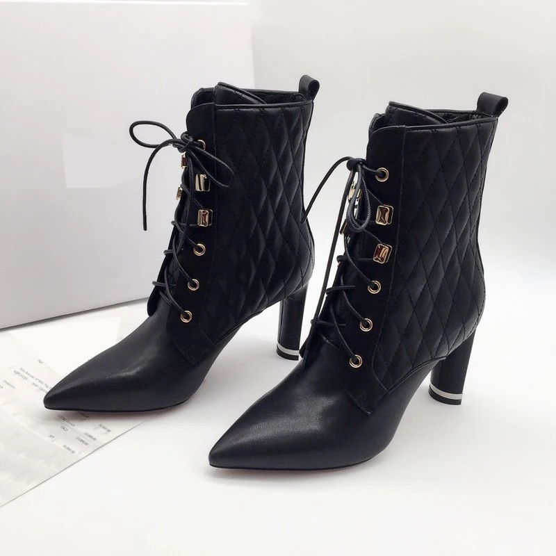 

High-Quality Genuine Leather Women Ankle Boots Lace Up Pointed Toe high heel Black Chelsea Boots Pumps 15CM shoes for women