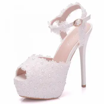 

Women Lace Flower Pearl Bridal High Heels Sandals White Wedding Shoes Pumps Sexy Woman Ankle Strap Open Toe Summer Sandal Heels