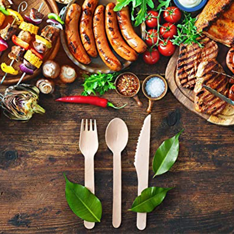 300Pcs Disposable Wooden Cutlery Set Home Party Dessert Spoons Knives Forks Dining Tableware