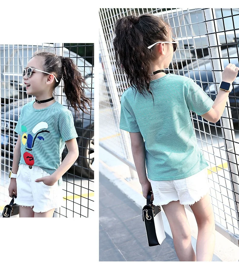 Girls O-Neck Striped T-Shirt Boys Fashion Summer Short Sleeve Shirt Children Unisex Cotton Cartoon Pattern Tops AA51800