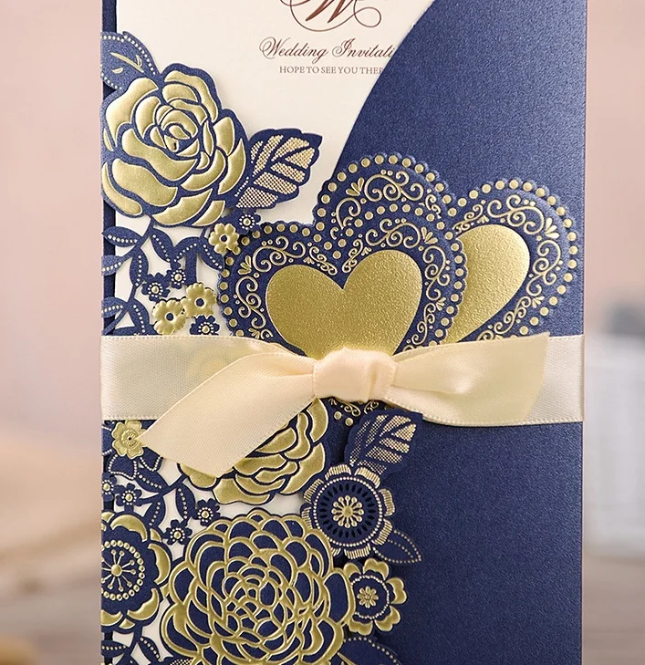  50pcs Laser Cut Wedding Invitations Card Rose Love Heart Greeting Cards Customize Envelopes with Ri - 4.00022E+12