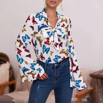 

Women Autumn Blouse Shirt New Fashion Bow Tie Butterfly Print Shirt Trumpet Long Sleeve Women Shirts 2019 SlimTops