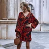 Autumn Winter Casual High Wasit Print Dress Women 2022 New V-neck Lace Up Full Sleeve Above Knee Dress ► Photo 1/6
