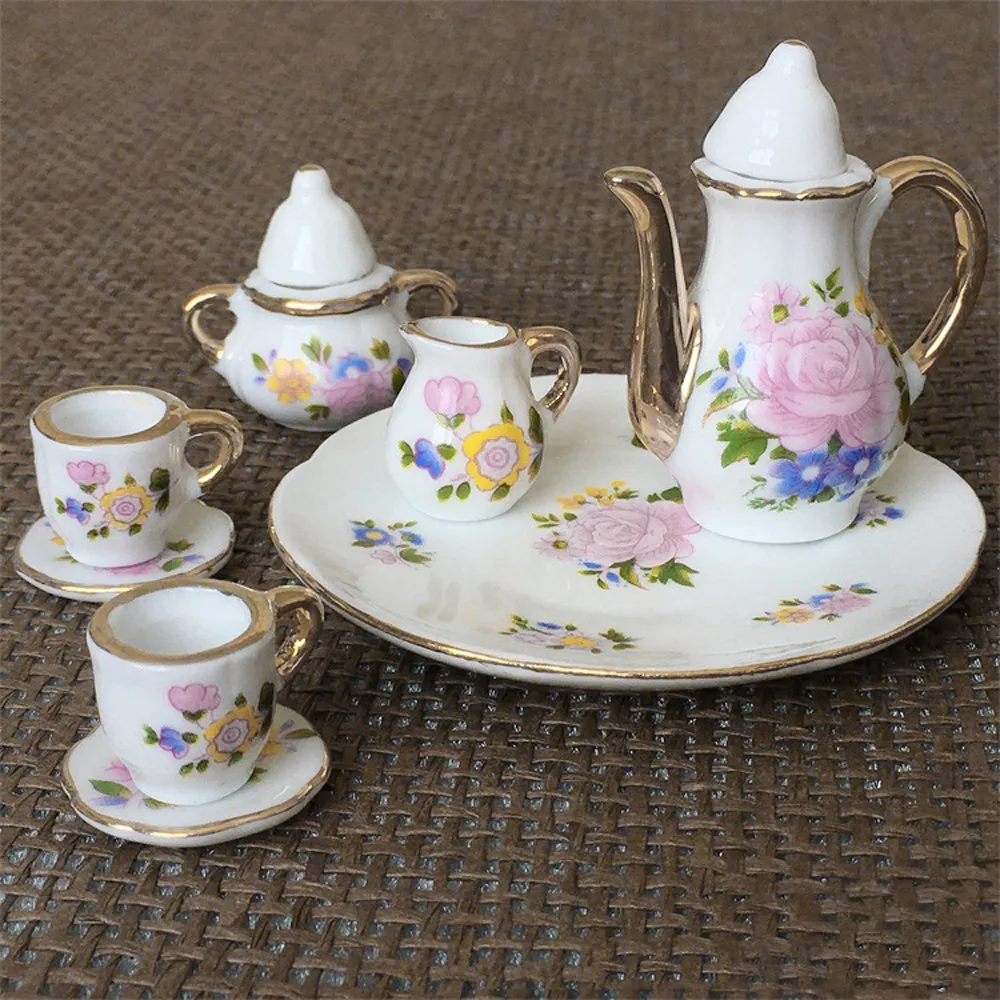 

8pcs Dining Ware Porcelain Tea Set Pink Dish Cup Plate 1/6 Dollhouse Miniature Kids Toys For Children