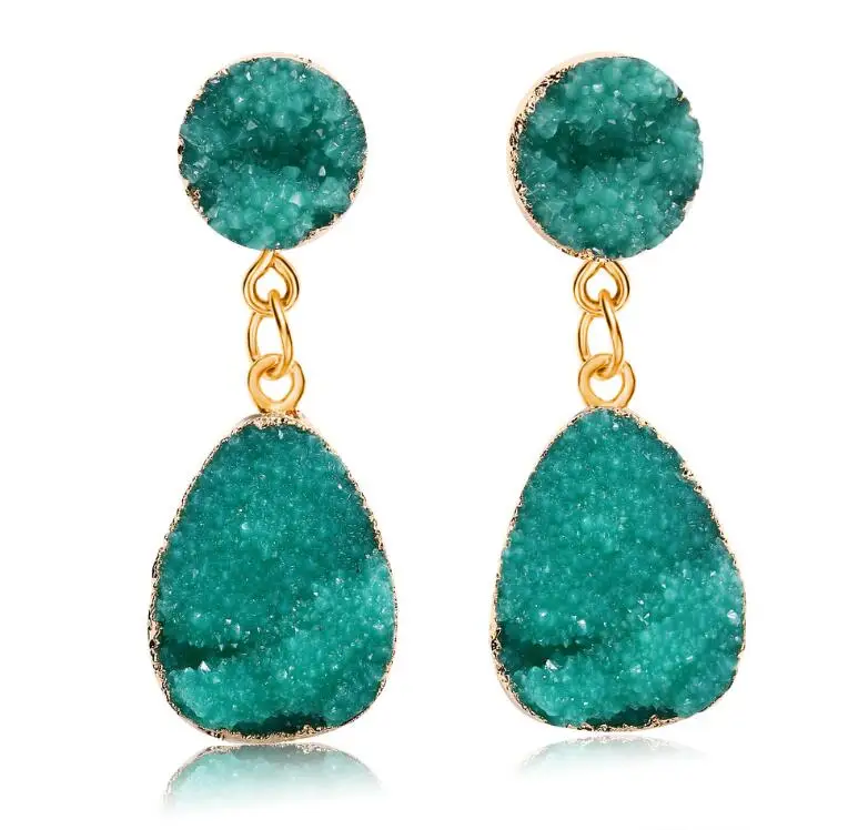 Green KMVEXO нерегулярный натуральный камень Druzy серьги для женщин зеленый кварц смола подвеска «Капля» Серьги Mujer винтажные изделия ручной работы ювелирные изделия - Окраска металла: Green