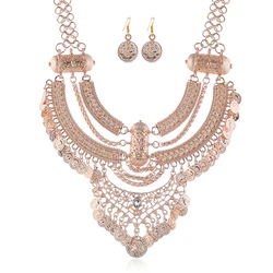 Bohemian Coin Tassel Statement Jewelry Set with Choker Necklace and Drop Earrings (Rose Gold)
