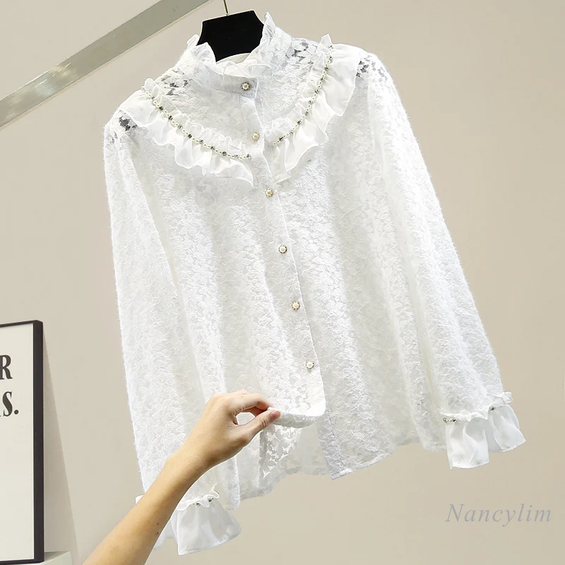 

Women Long Sleeve Lace Blouse Beaded Diamond Stand Collar Single-Breasted Shirt Fashion Lady All-Match Tops 2020 Autumn Winter