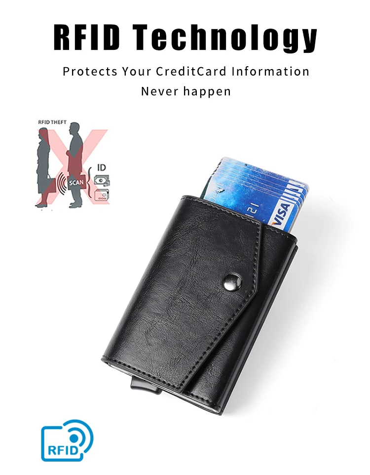 Aluminum Metal Pop up Credit Card Wallet 2021 New Fashion Men RFID NFC Protection Tri-fold PU Synthetic Vintage Smart  Wallet