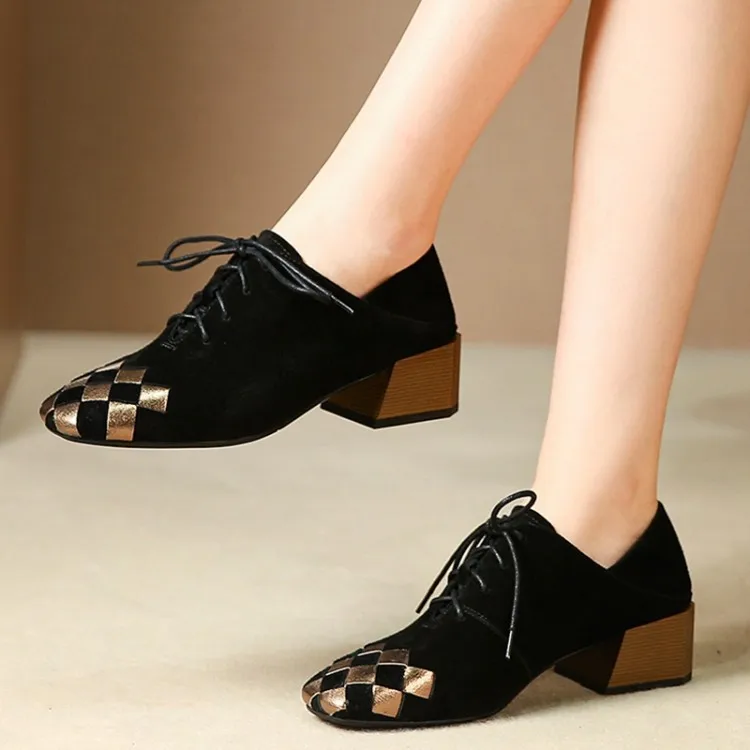 

2019 Spring And Autumn Square Head Chunky-Heel Mixed Colors Lace-up Europe And America Deep Mouth Low Top Women's Fashion Shoes